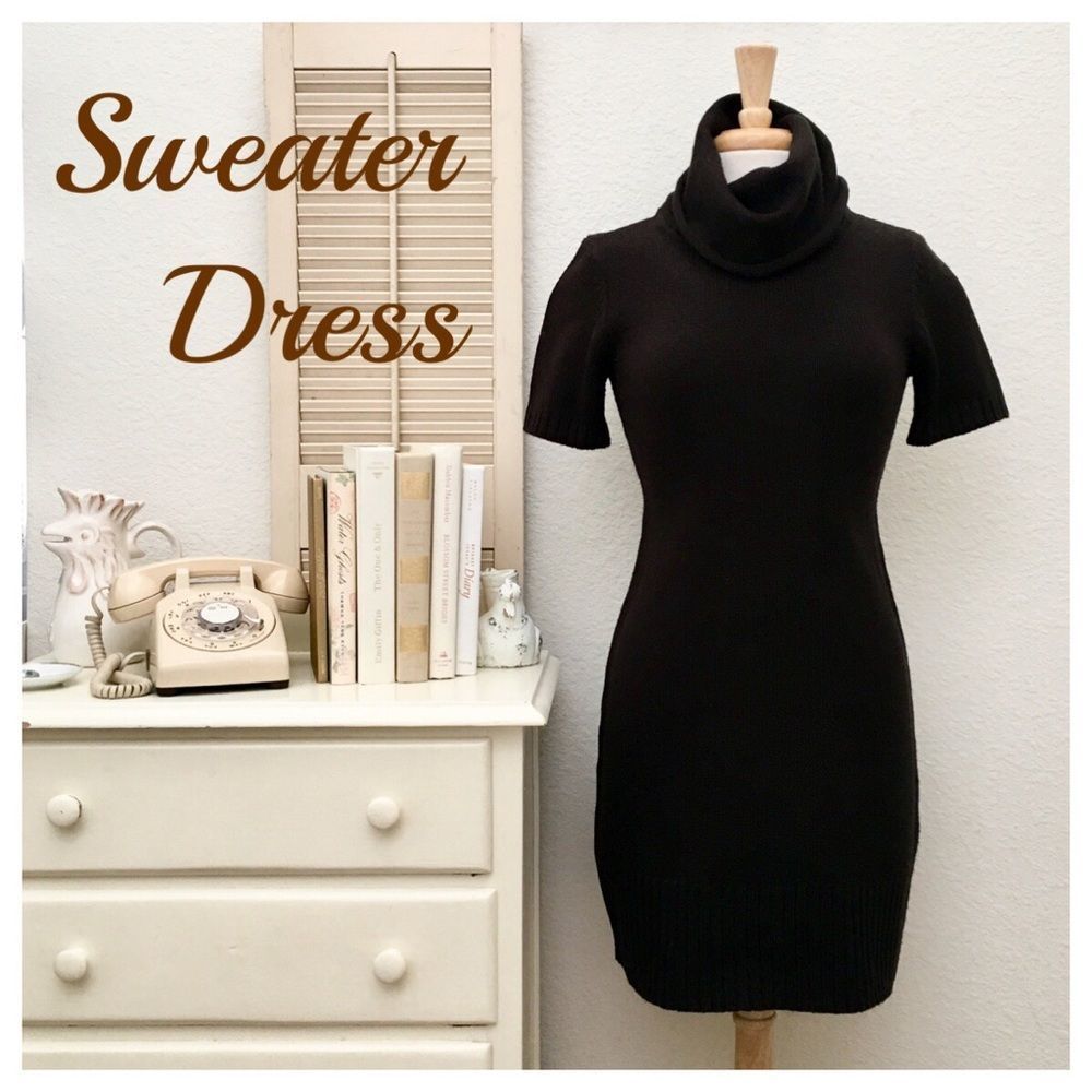 Cowl Neck Brown Short Sleeve Sweater Dress, Medium